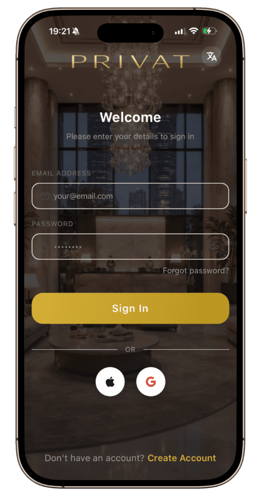 Privat mobile app sign-in screen